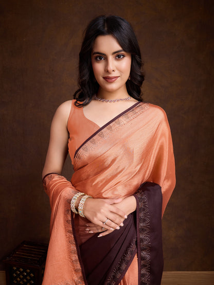 Shiny Orange Shaded Chinnon Saree with Double-Color Swarovski Work