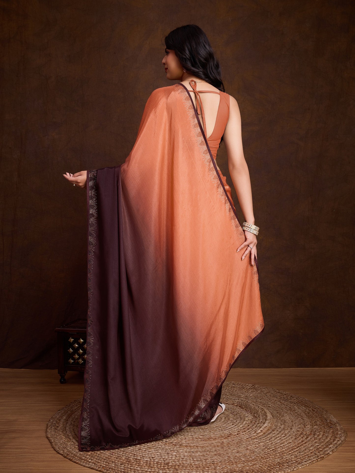 Shiny Orange Shaded Chinnon Saree with Double-Color Swarovski Work