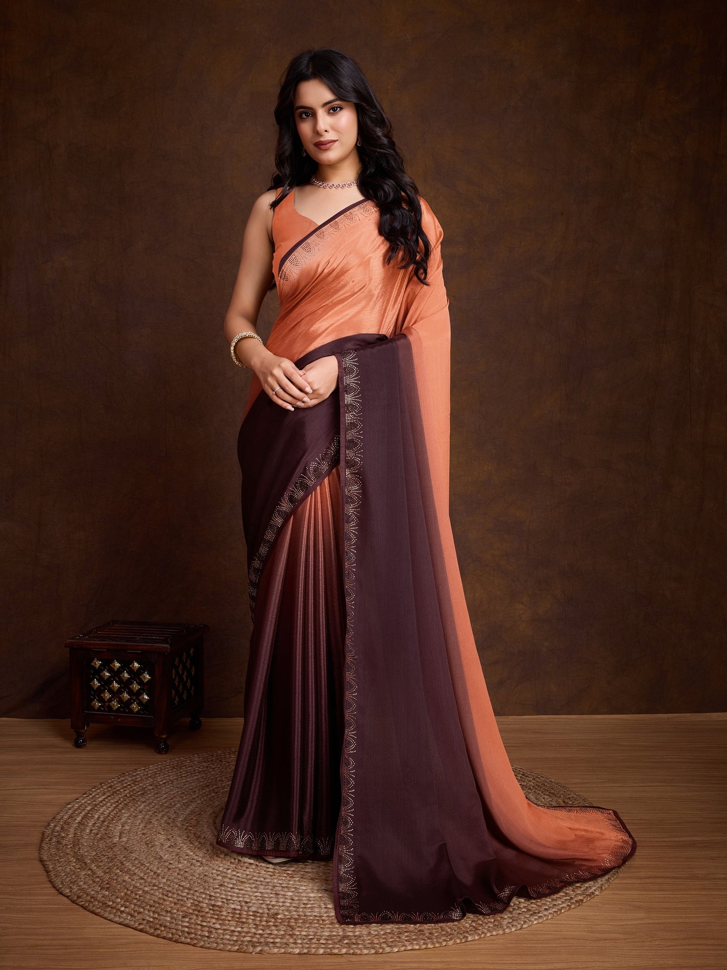 Shiny Orange Shaded Chinnon Saree with Double-Color Swarovski Work