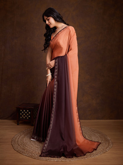 Shiny Orange Shaded Chinnon Saree with Double-Color Swarovski Work