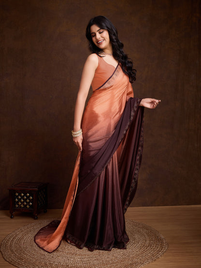 Shiny Orange Shaded Chinnon Saree with Double-Color Swarovski Work