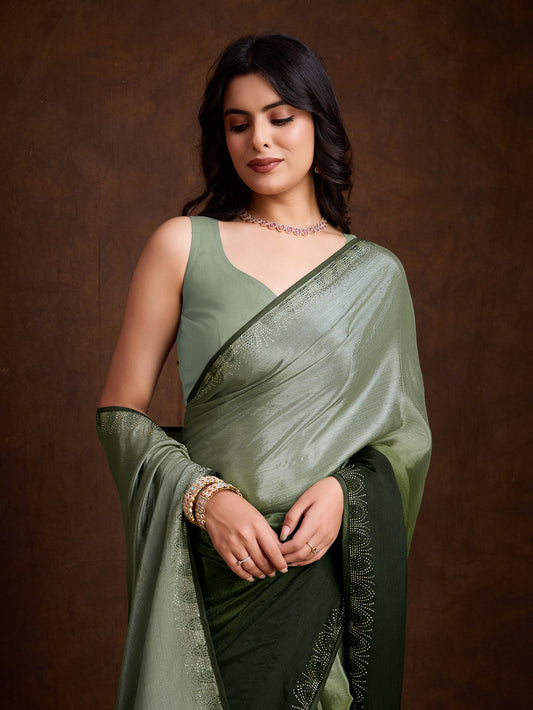 Dusky Green Shaded Chinnon Saree with Double-Color Swarovski Work