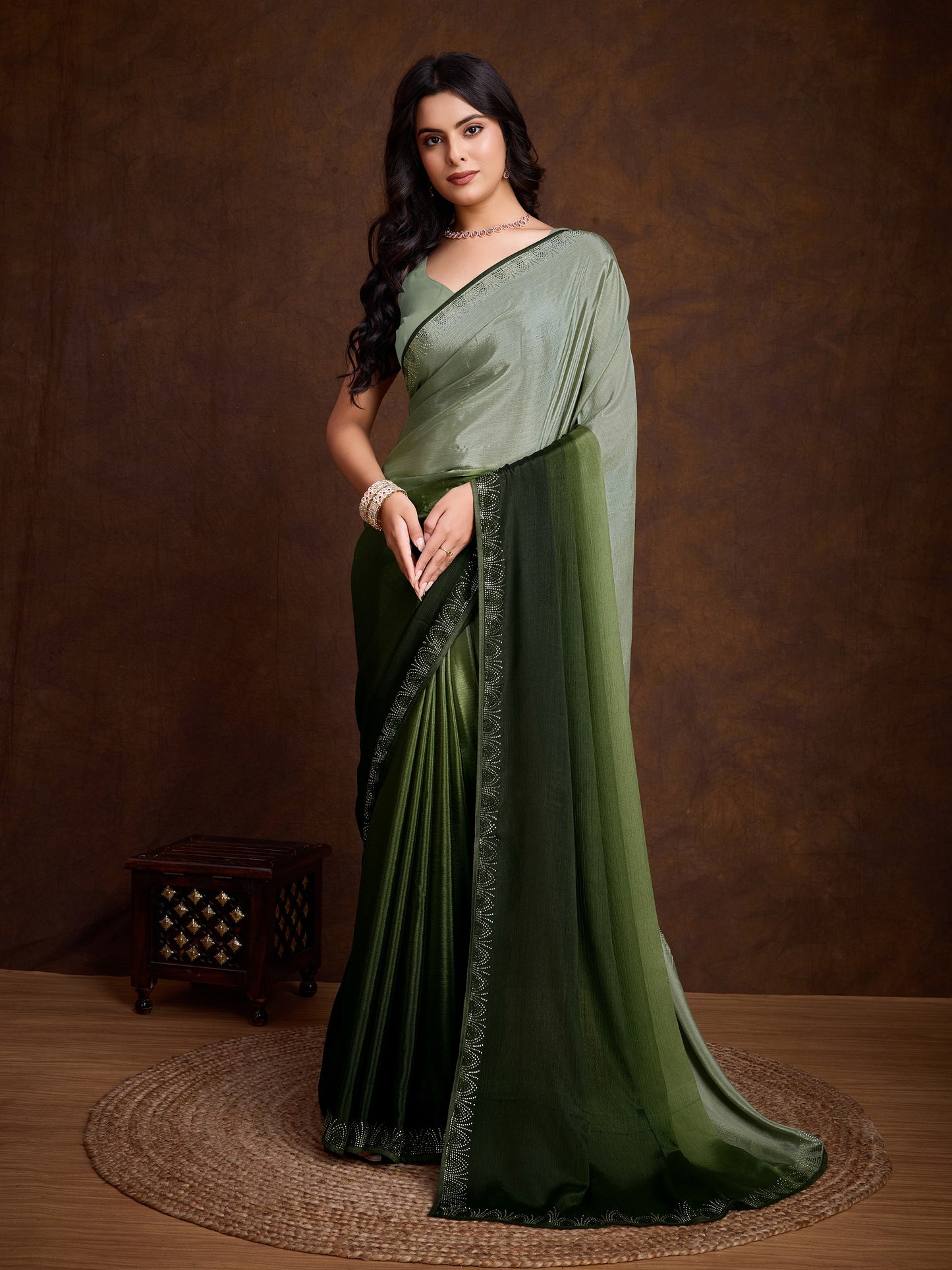 Dusky Green Shaded Chinnon Saree with Double-Color Swarovski Work