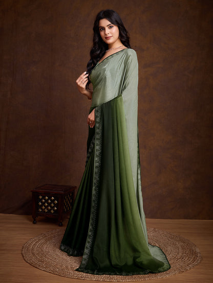 Dusky Green Shaded Chinnon Saree with Double-Color Swarovski Work