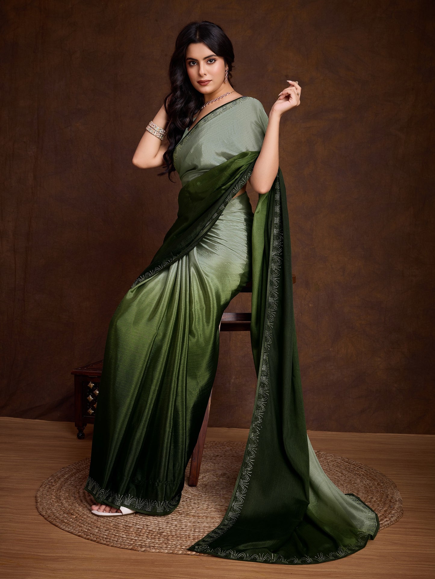 Dusky Green Shaded Chinnon Saree with Double-Color Swarovski Work