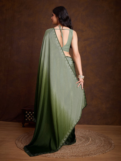 Dusky Green Shaded Chinnon Saree with Double-Color Swarovski Work