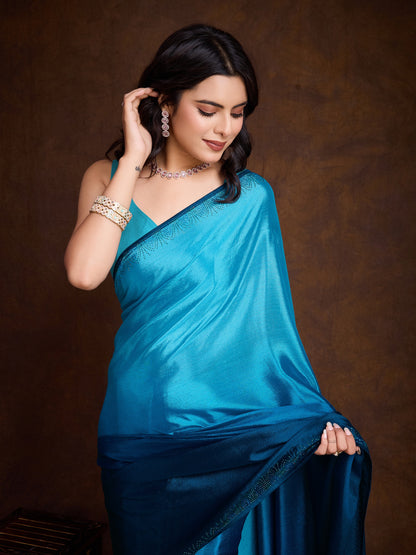 Shimmery Blue Shaded Chinnon Saree with Double-Color Swarovski Work