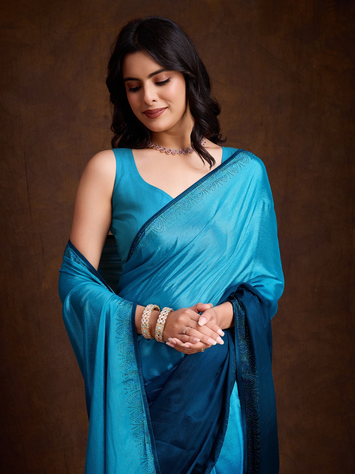 Shimmery Blue Shaded Chinnon Saree with Double-Color Swarovski Work