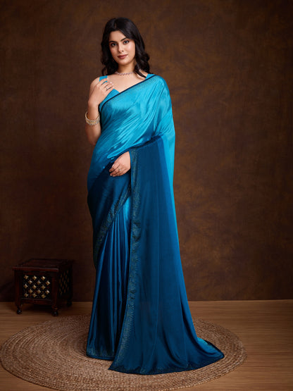 Shimmery Blue Shaded Chinnon Saree with Double-Color Swarovski Work