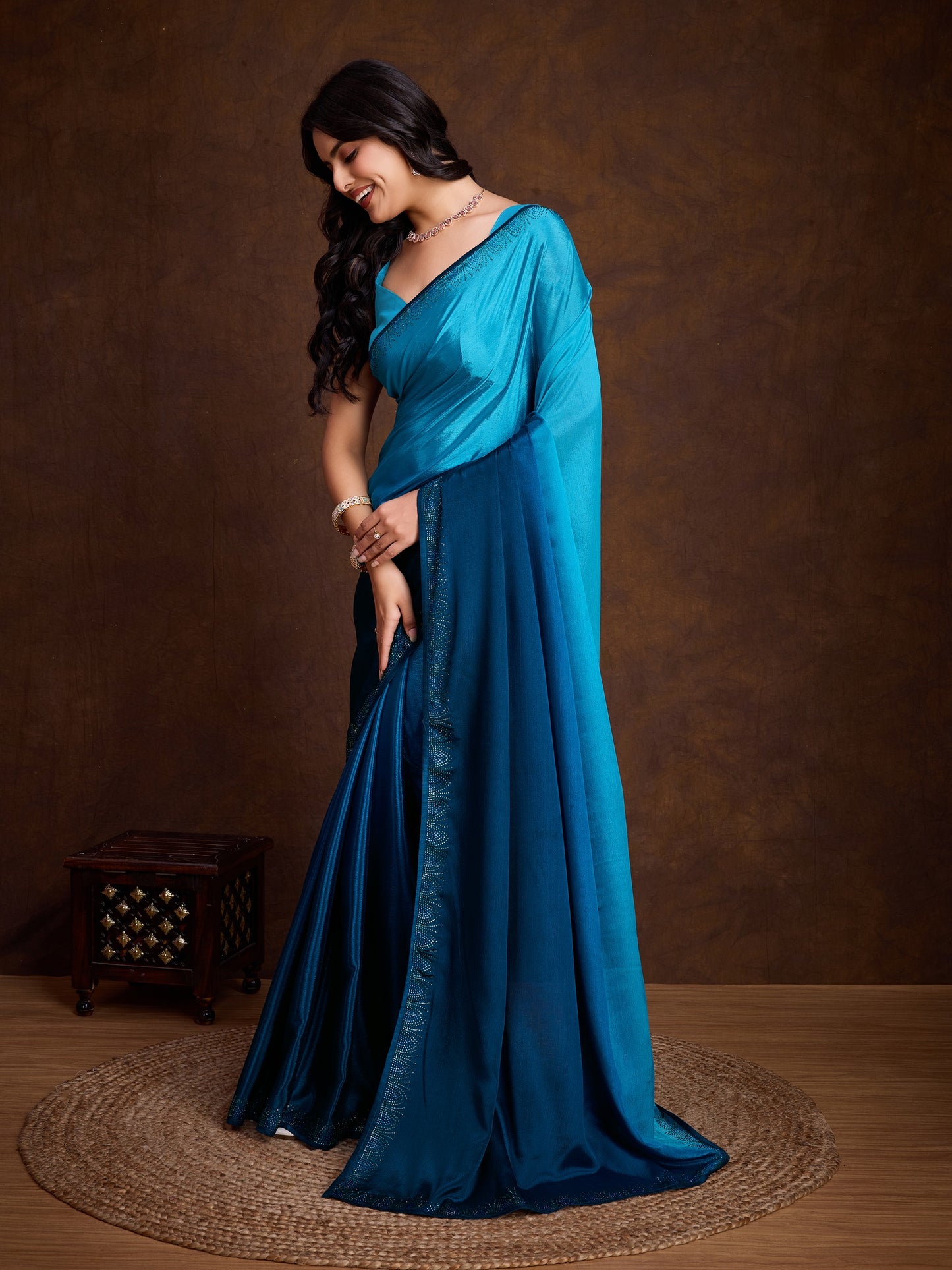 Shimmery Blue Shaded Chinnon Saree with Double-Color Swarovski Work