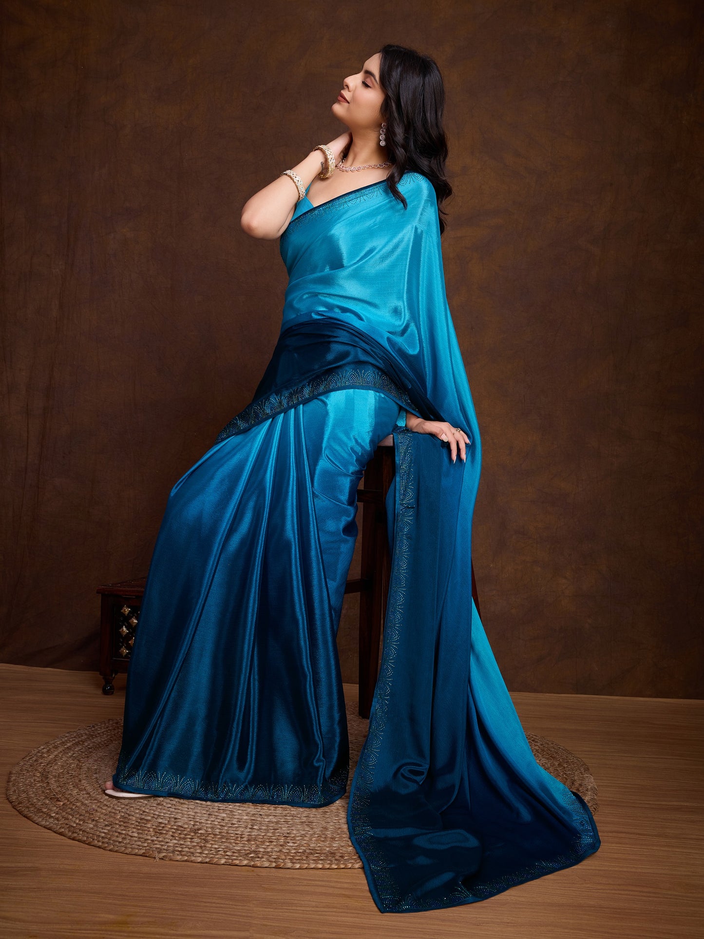 Shimmery Blue Shaded Chinnon Saree with Double-Color Swarovski Work