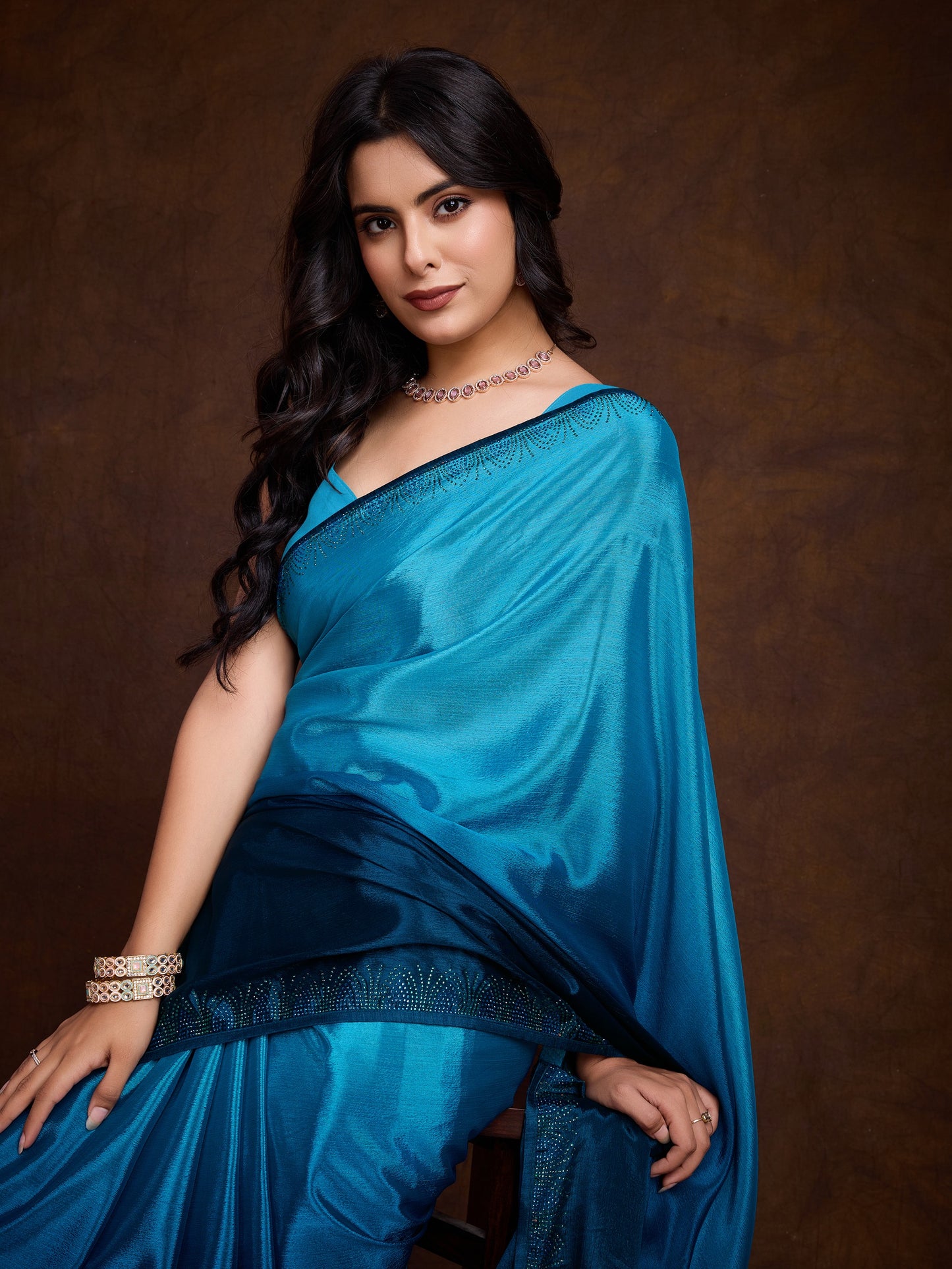 Shimmery Blue Shaded Chinnon Saree with Double-Color Swarovski Work