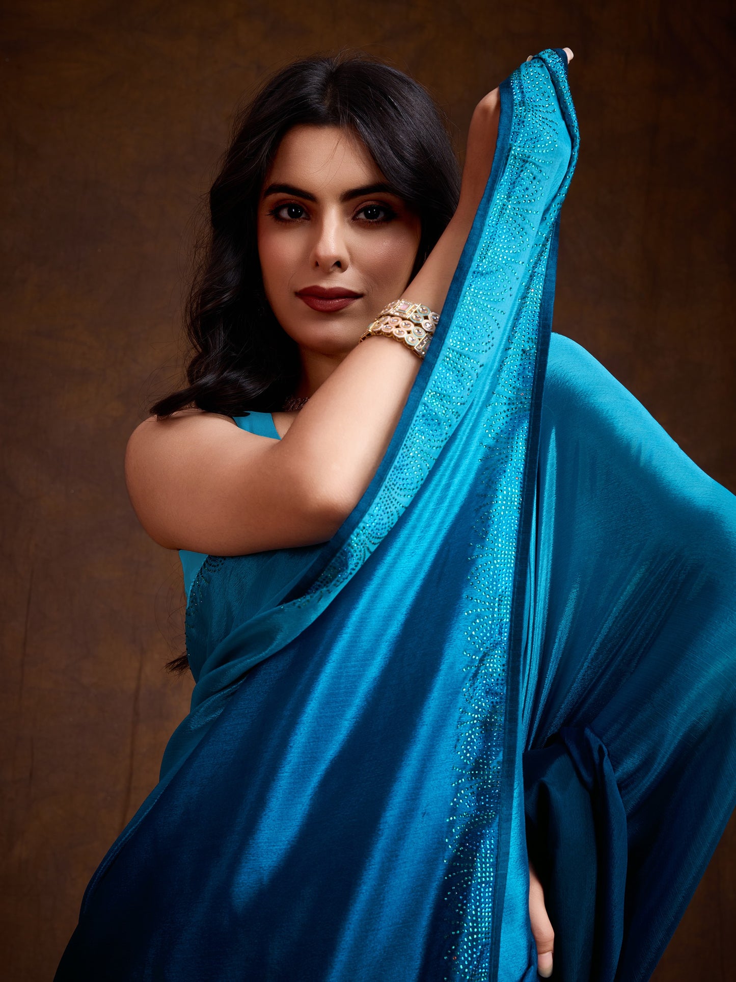 Shimmery Blue Shaded Chinnon Saree with Double-Color Swarovski Work