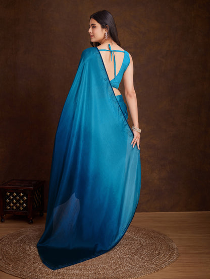 Shimmery Blue Shaded Chinnon Saree with Double-Color Swarovski Work