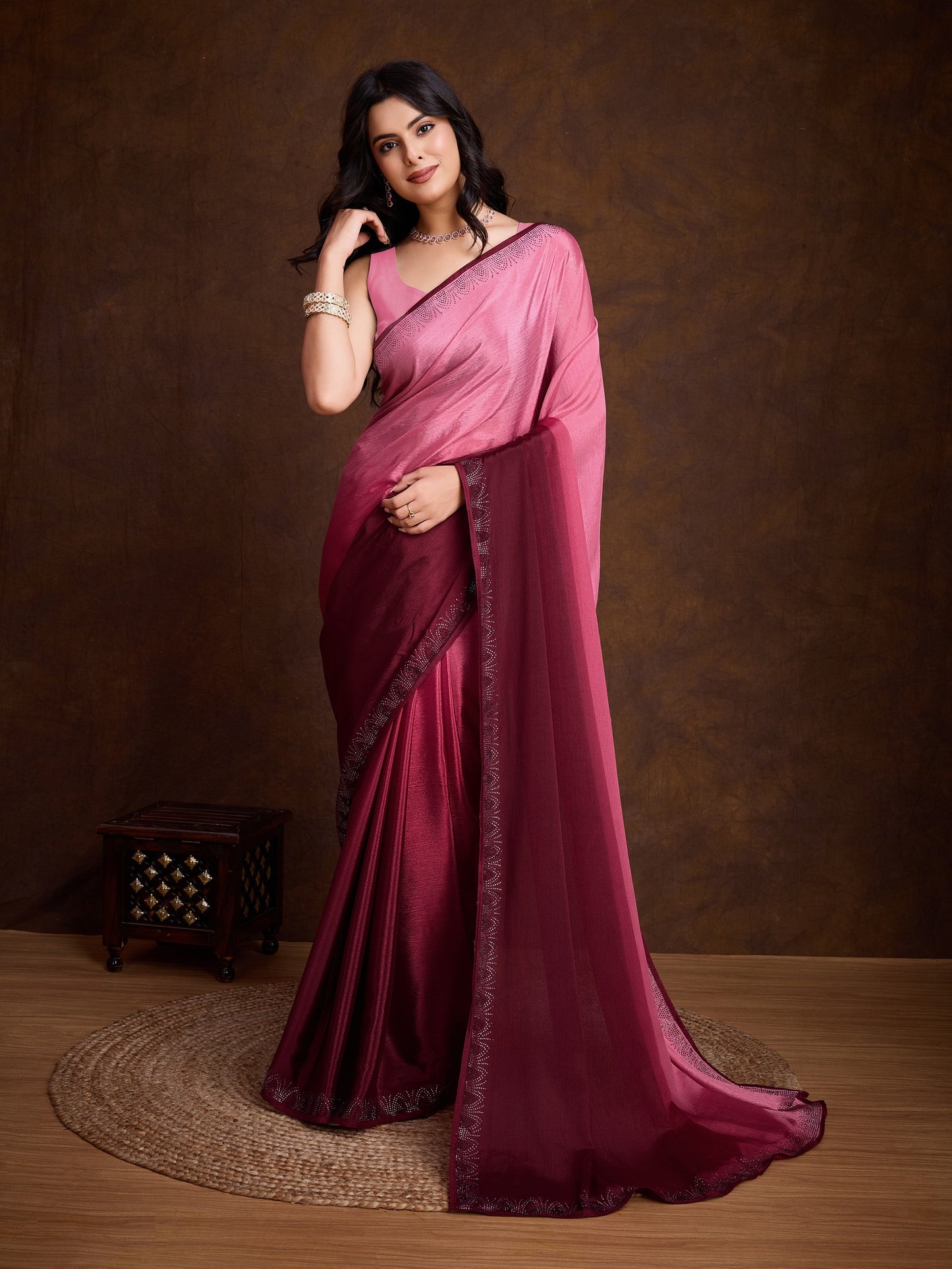 Shimmery Pink Shaded Chinnon Saree with Double-Color Swarovski Work