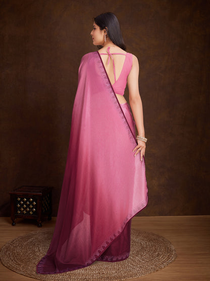 Shimmery Pink Shaded Chinnon Saree with Double-Color Swarovski Work