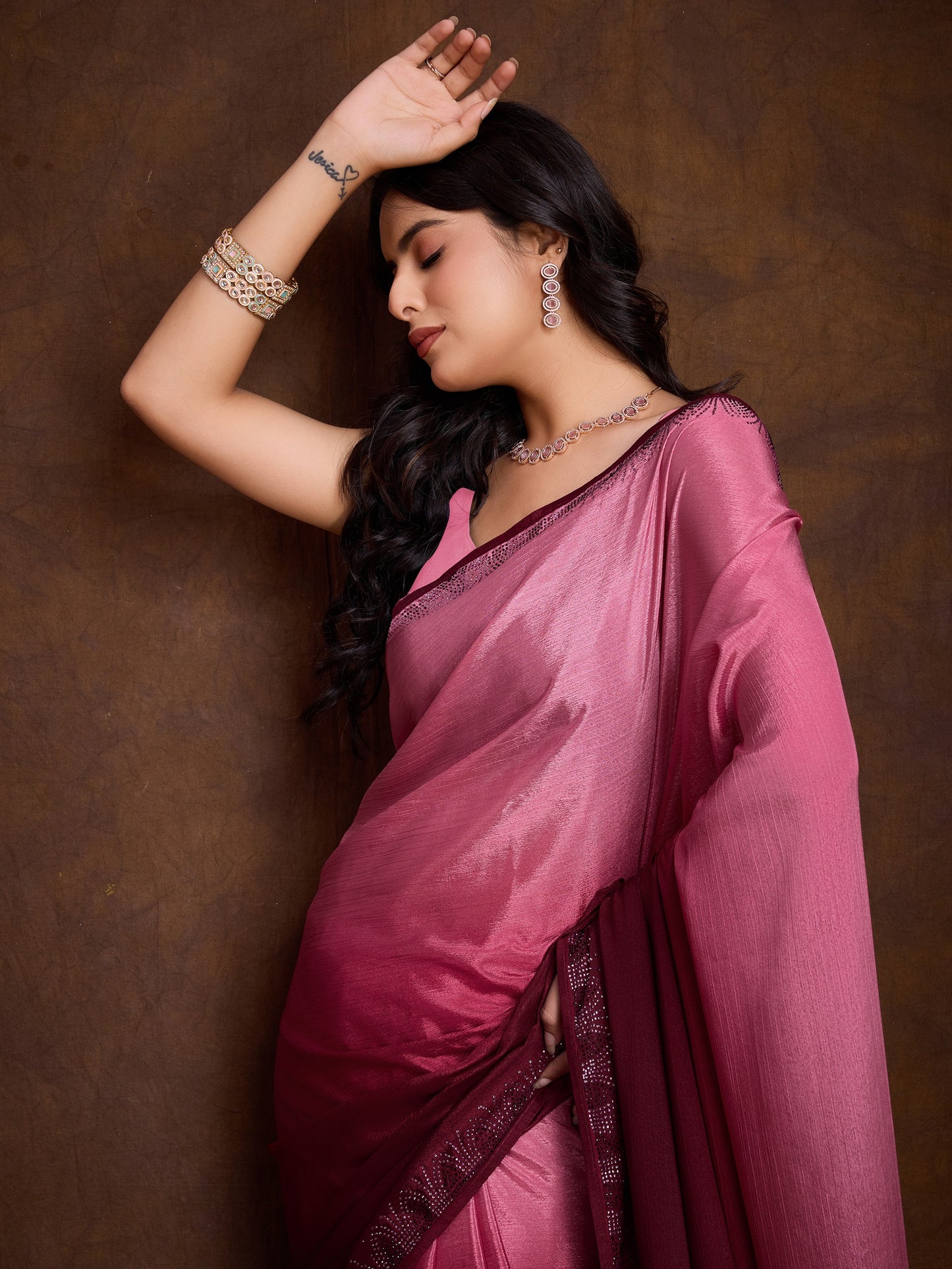 Shimmery Pink Shaded Chinnon Saree with Double-Color Swarovski Work