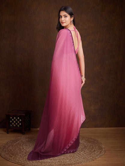 Shimmery Pink Shaded Chinnon Saree with Double-Color Swarovski Work