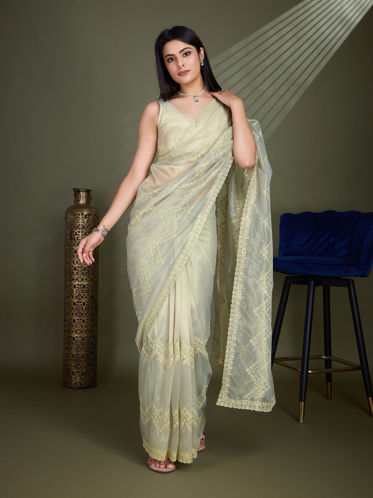 Golden Beige Gold Infused Shimmer Net Saree