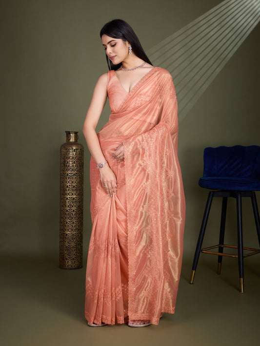 Glossy Peach Gold Infused Shimmer Net Saree