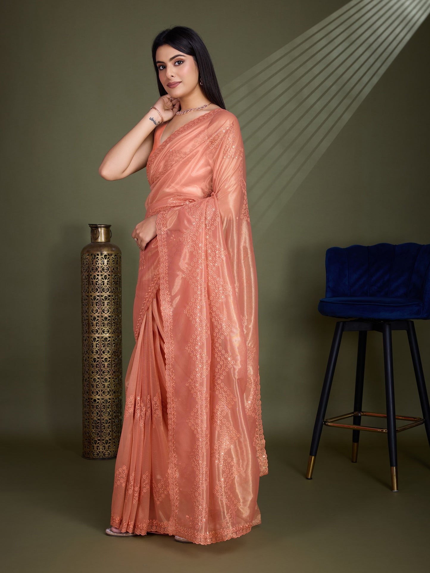 Glossy Peach Gold Infused Shimmer Net Saree