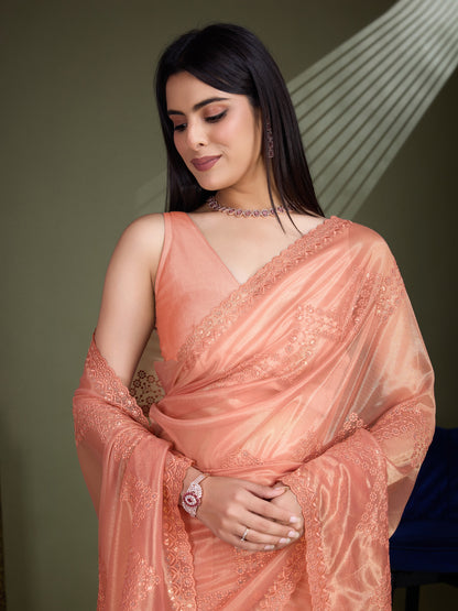 Glossy Peach Gold Infused Shimmer Net Saree