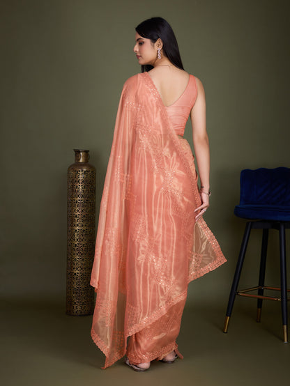 Glossy Peach Gold Infused Shimmer Net Saree