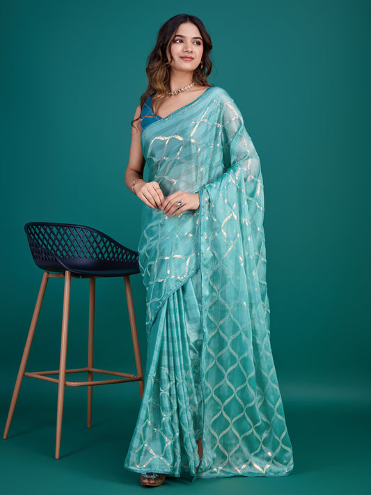 Ocean Green Shimmer Georgette Saree with Double Sequins Embroidery