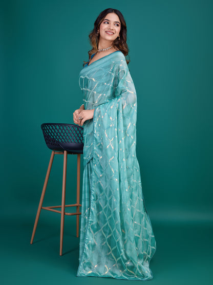 Ocean Green Shimmer Georgette Saree with Double Sequins Embroidery