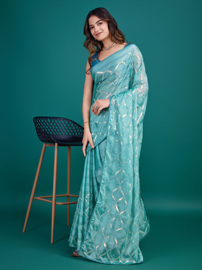 Ocean Green Shimmer Georgette Saree with Double Sequins Embroidery