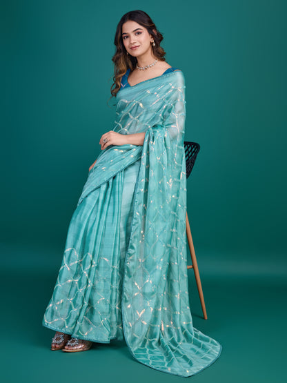 Ocean Green Shimmer Georgette Saree with Double Sequins Embroidery