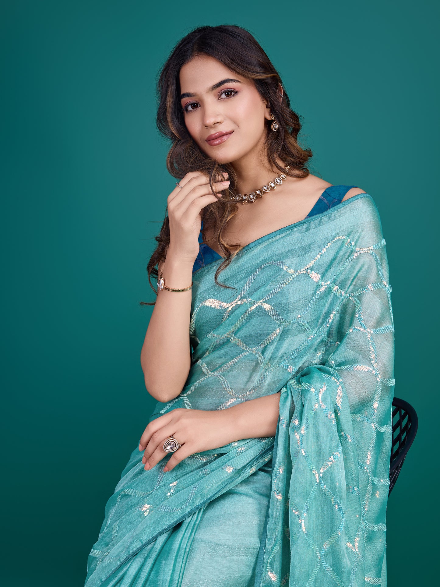 Ocean Green Shimmer Georgette Saree with Double Sequins Embroidery