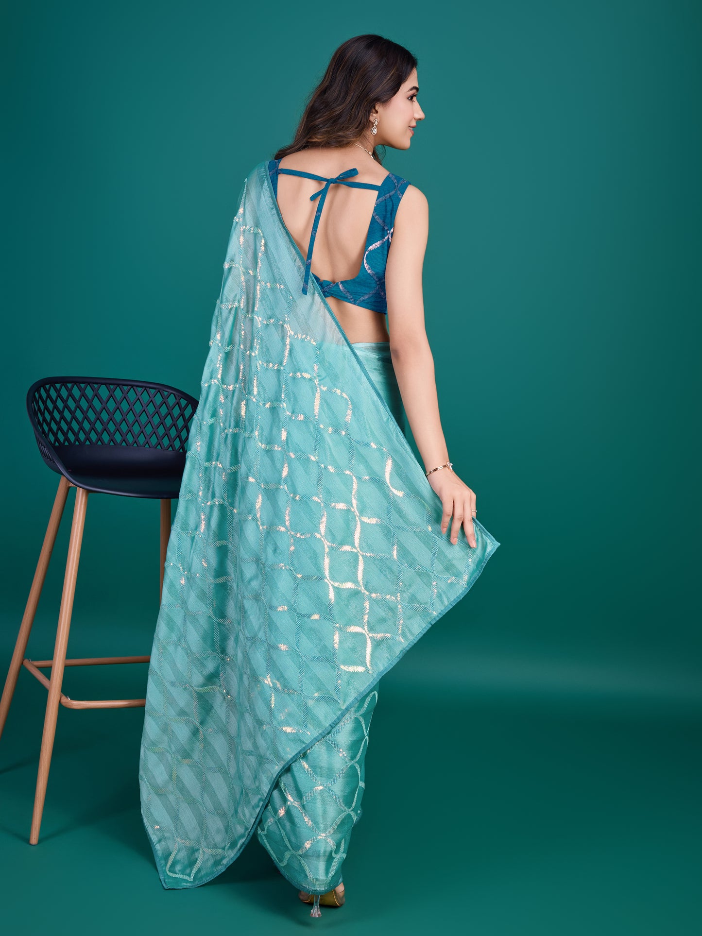 Ocean Green Shimmer Georgette Saree with Double Sequins Embroidery