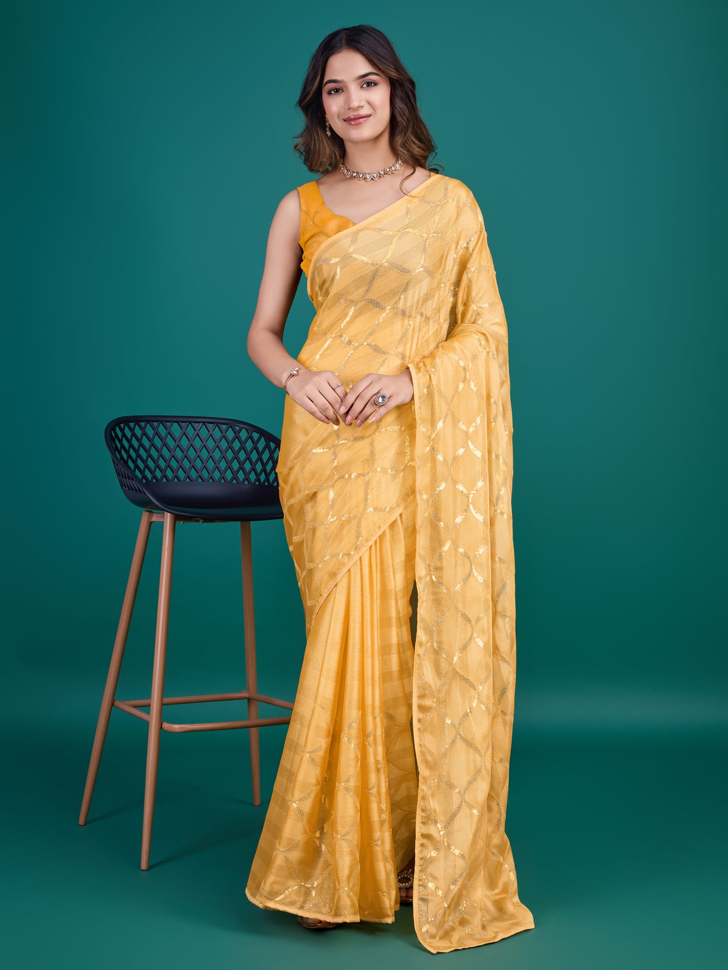 Self-Pattern Embroidered Saree in Radiant Orange