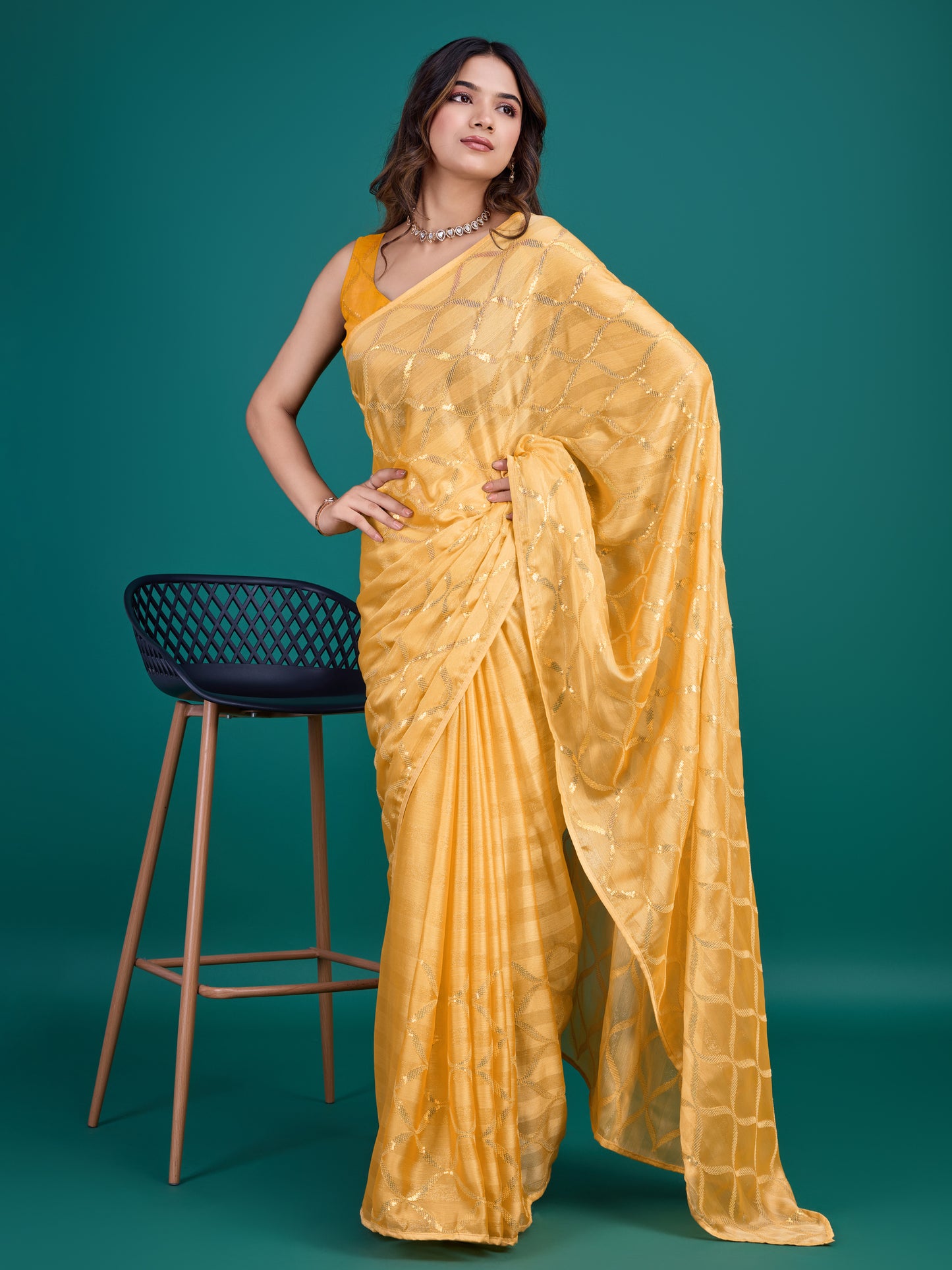 Self-Pattern Embroidered Saree in Radiant Orange