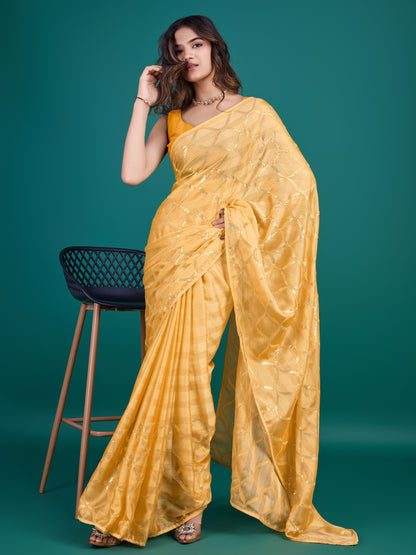 Self-Pattern Embroidered Saree in Radiant Orange