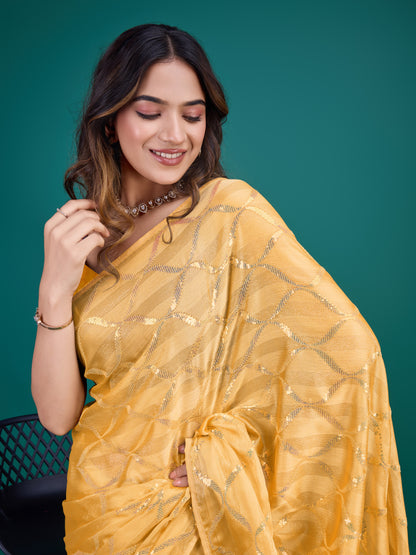 Self-Pattern Embroidered Saree in Radiant Orange