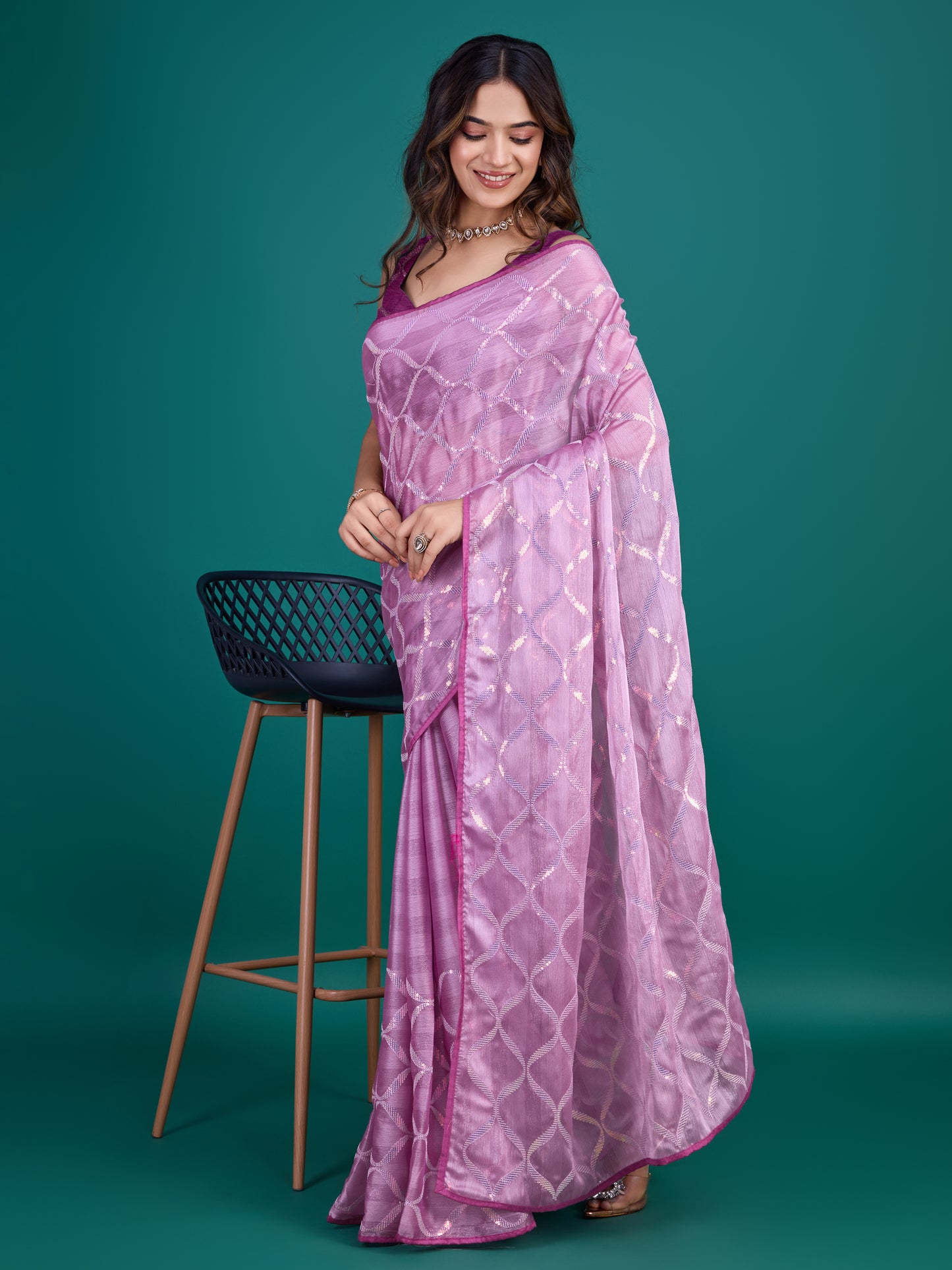 Self-Pattern Embroidered Saree in Regal Purple