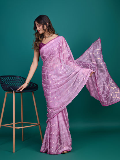 Self-Pattern Embroidered Saree in Regal Purple