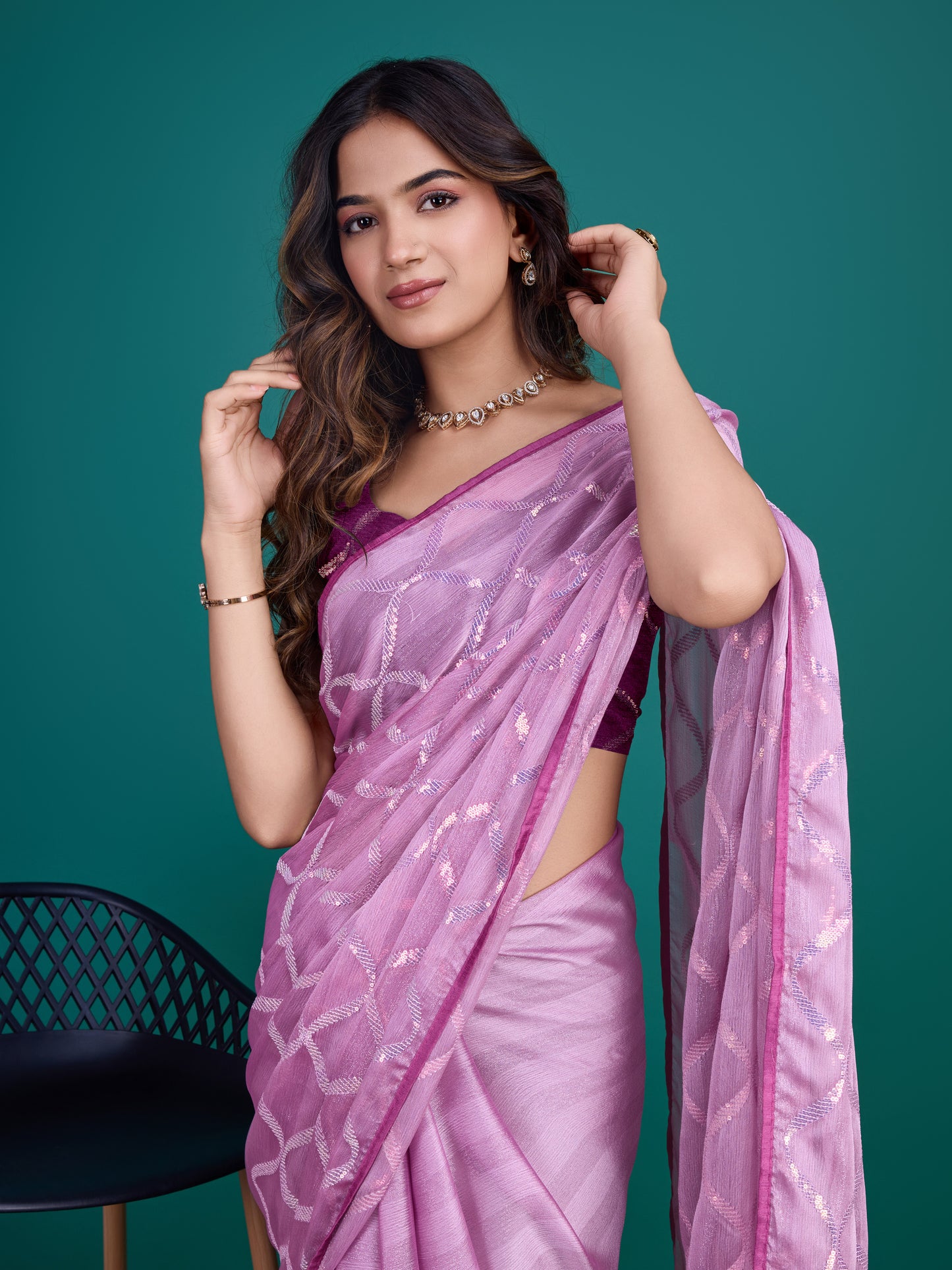 Self-Pattern Embroidered Saree in Regal Purple