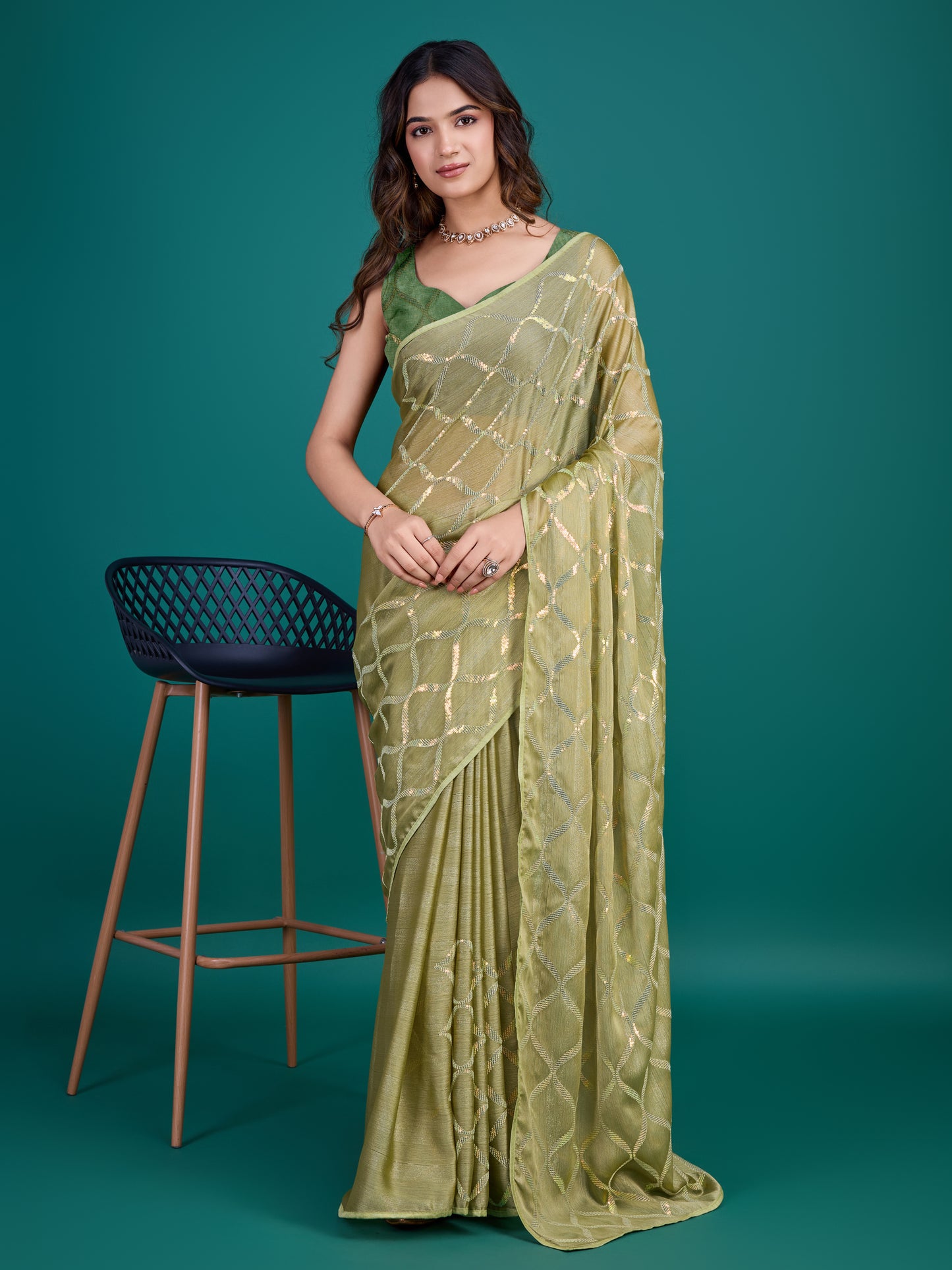 Self-Pattern Embroidered Saree in Mehendi Green