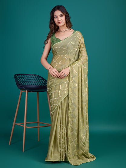 Self-Pattern Embroidered Saree in Mehendi Green