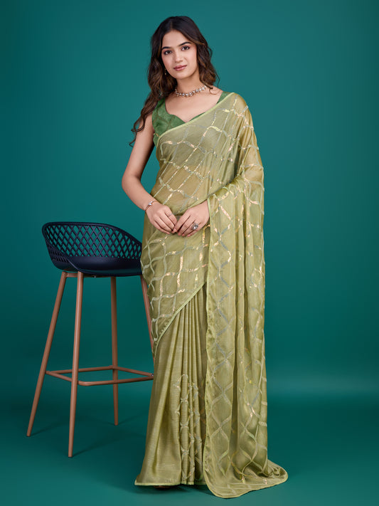 Self-Pattern Embroidered Saree in Mehendi Green