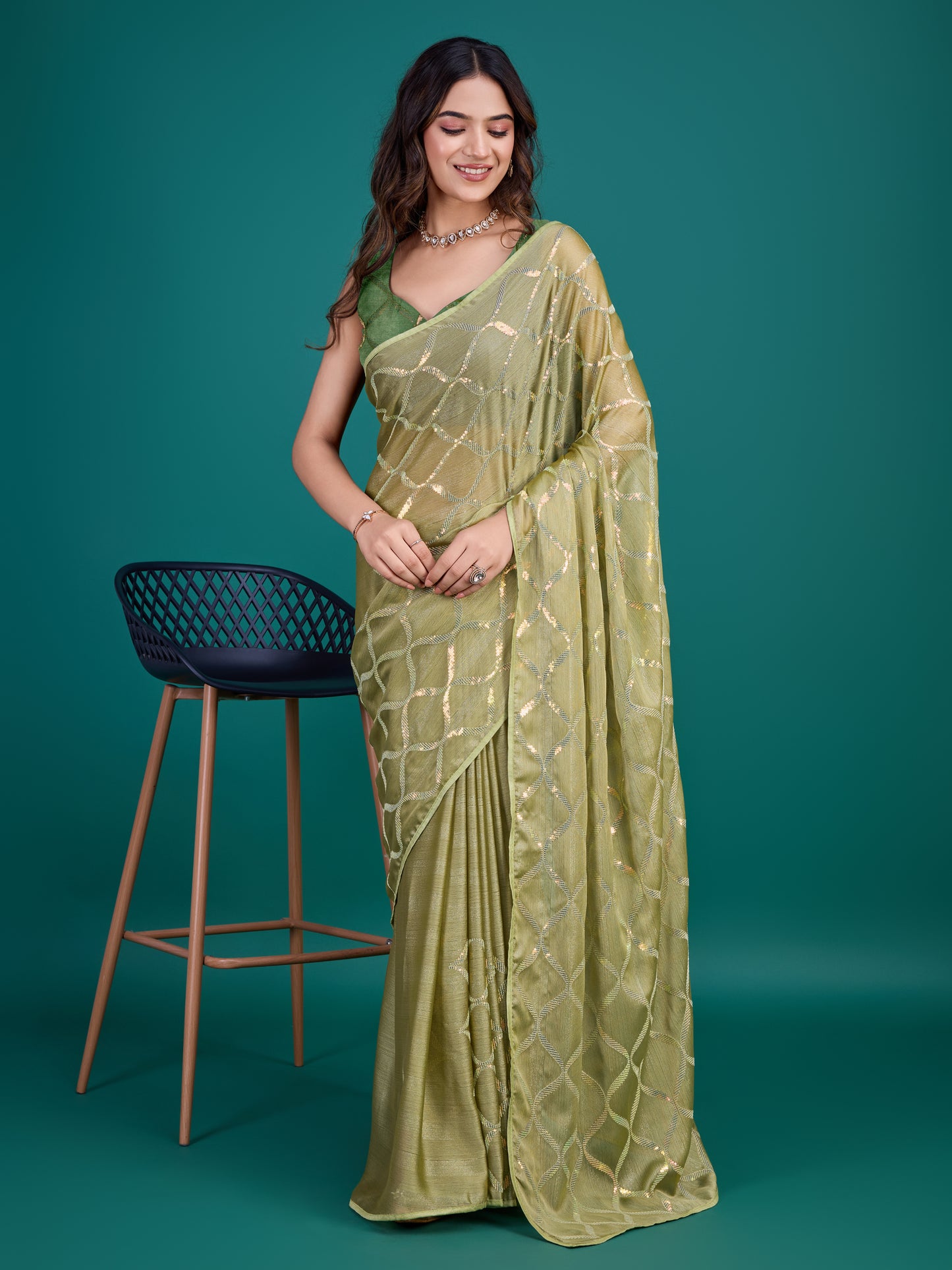 Self-Pattern Embroidered Saree in Mehendi Green