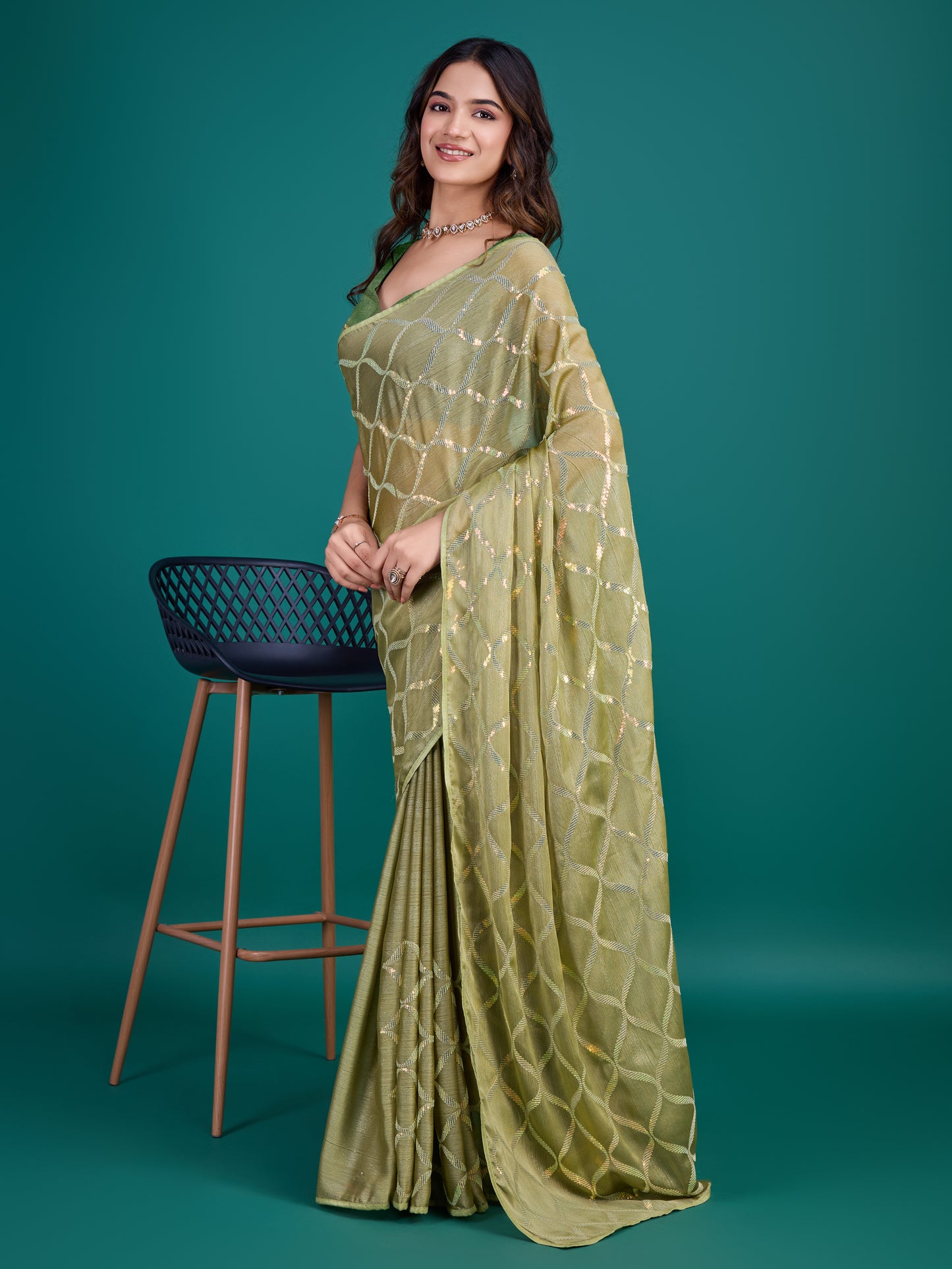 Self-Pattern Embroidered Saree in Mehendi Green