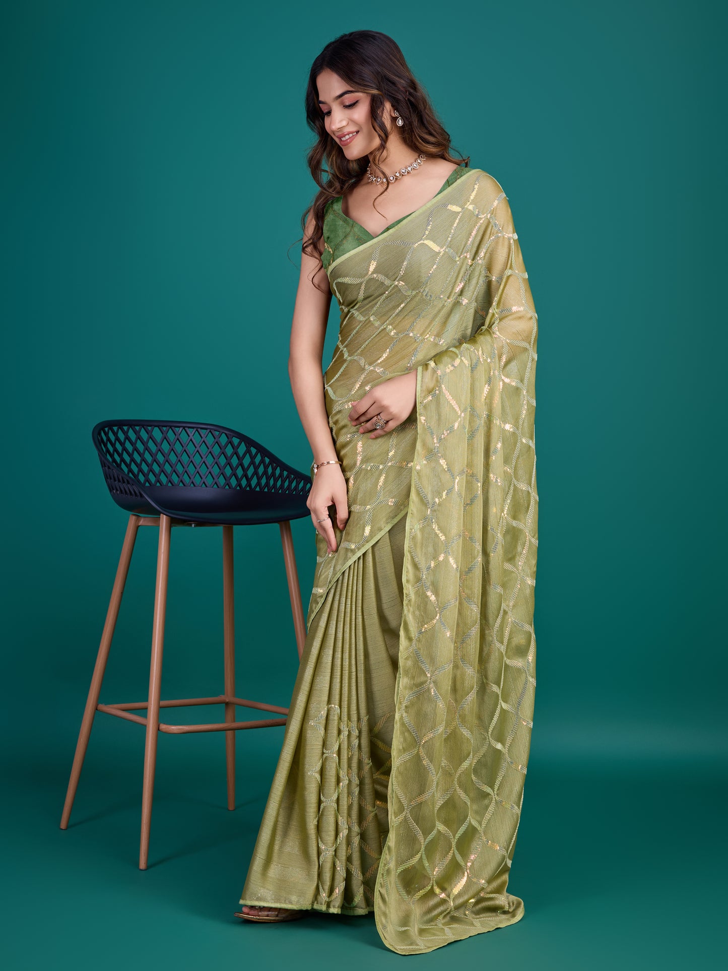 Self-Pattern Embroidered Saree in Mehendi Green