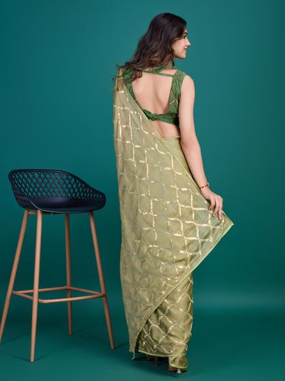 Self-Pattern Embroidered Saree in Mehendi Green