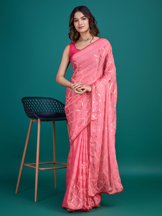 Self-Pattern Embroidered Saree in Elegant Pink