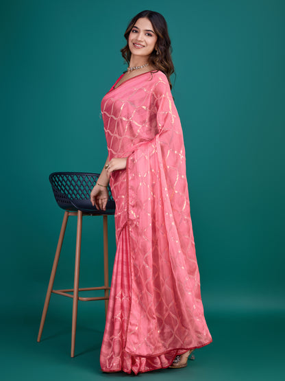 Self-Pattern Embroidered Saree in Elegant Pink