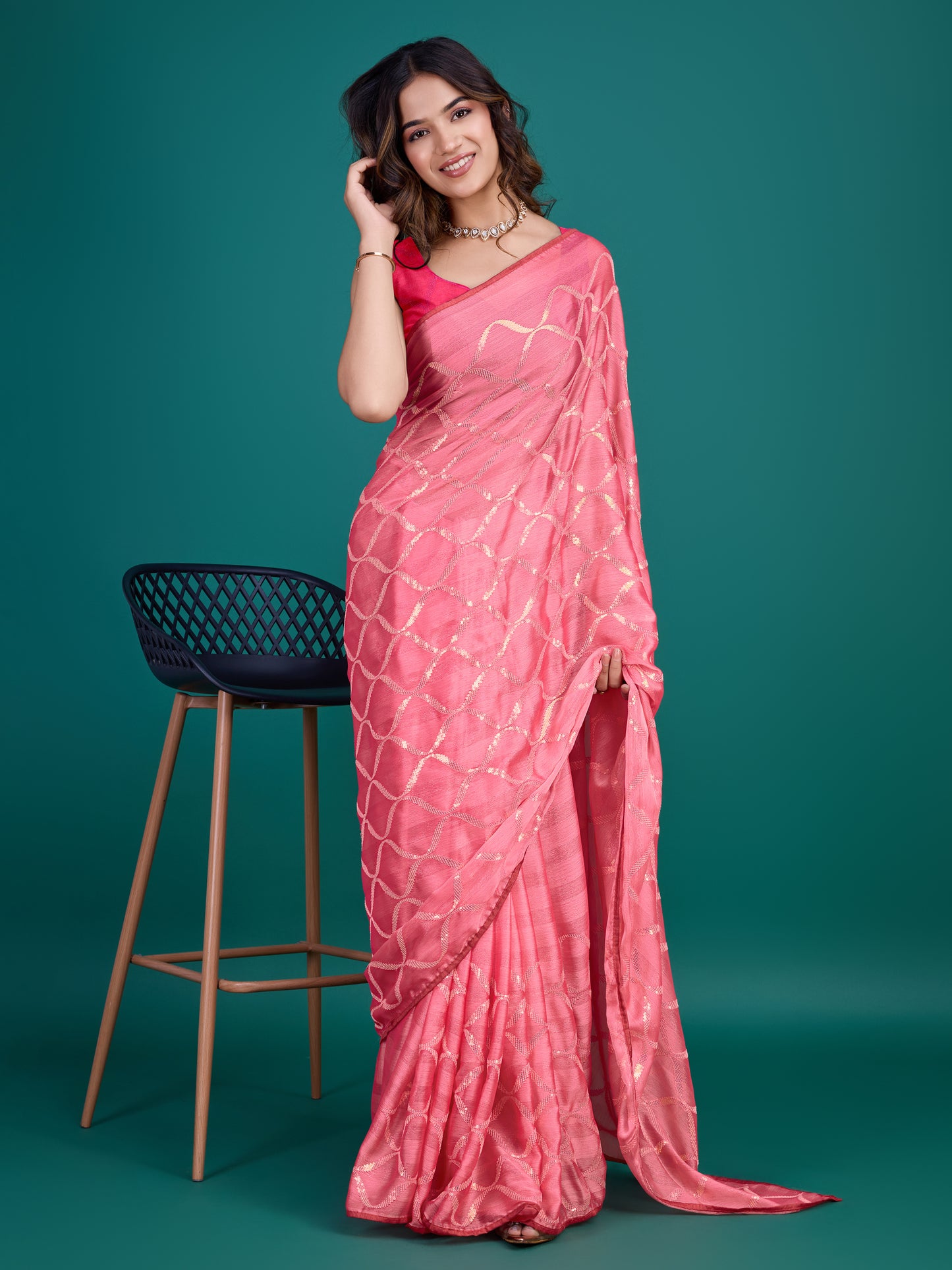 Self-Pattern Embroidered Saree in Elegant Pink